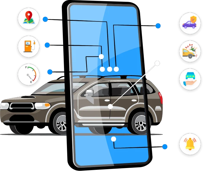 Connected vehicle surrounded by the system's sensor and alert types