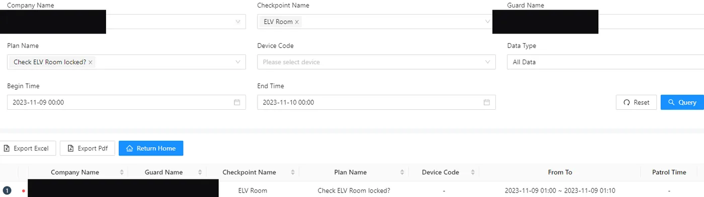 Report filtering by company, checkpoint, guard, plan and time range